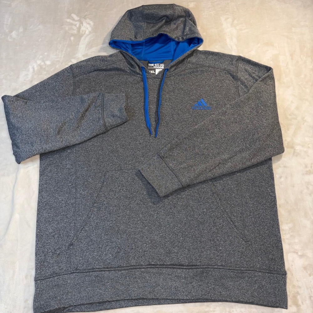 Adidas The Go-To Hoodie Mens 2XL Gray Blue Fleece Pullover Sweatshirt RN88387